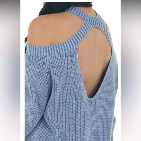 Hazy Blue Mineral Washed Cold Shoulder Sweater - Picture 3 of 3